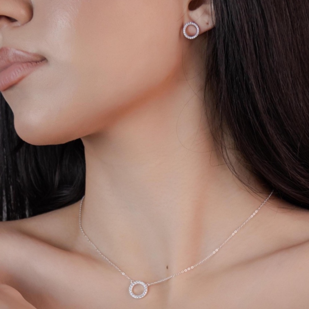 Solid Silver Circle Stud Earrings | Swarovski Inspired Jewelry - Picture 4 of 5